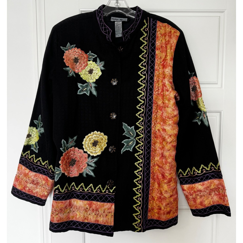 Vintage Indigo Moon Embroidered Floral Jacket Large Boho Art to Wear Patchwork